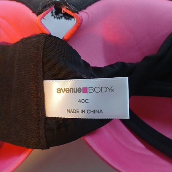 Avenue Body Perfect Plunge Bra 40C Pink Black Lace Underwire Padded - Picture 2 of 5
